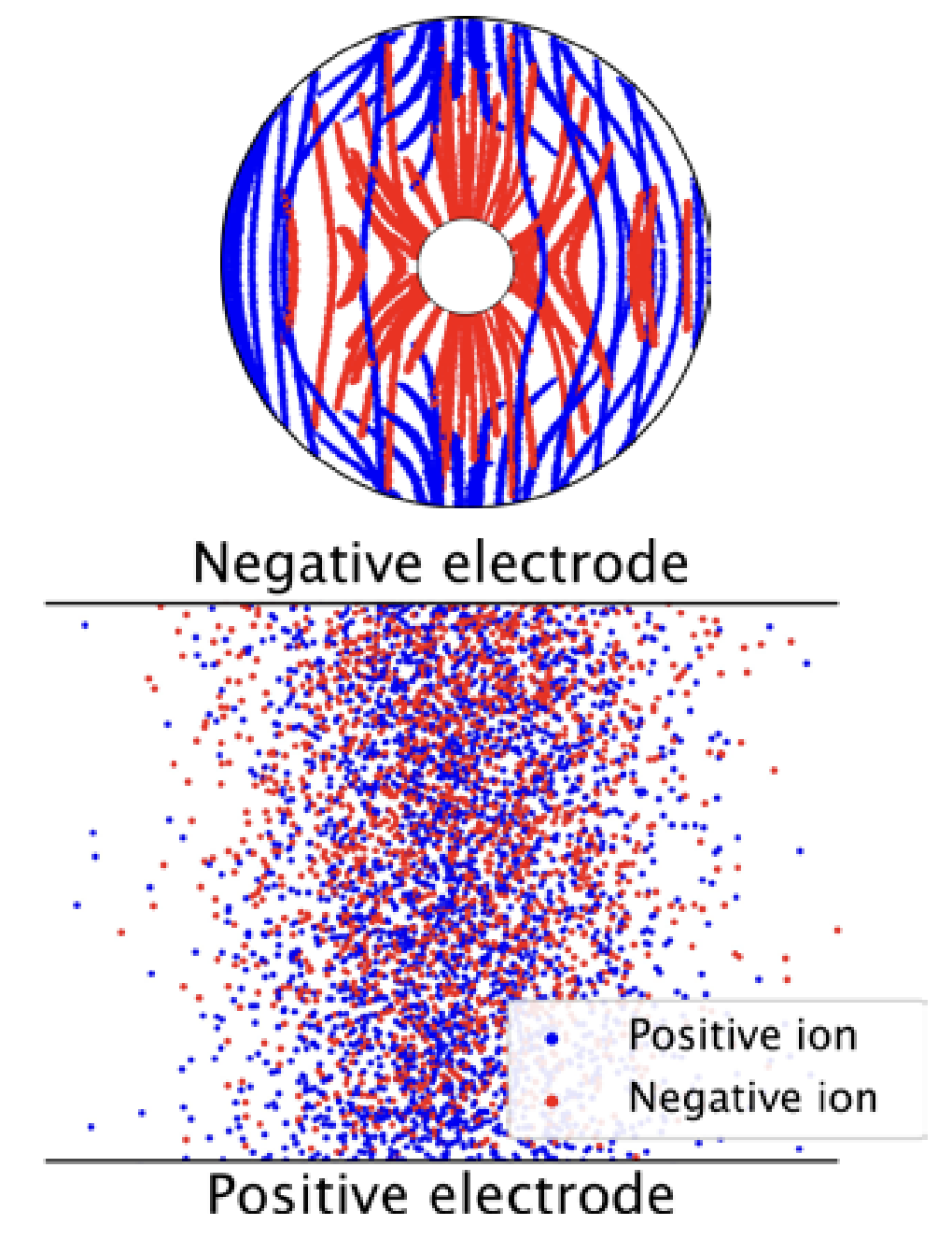 Illustration showing electric field lines between a negative electrode (top) and a positive electrode (bottom) with positively charged ions represented as blue dots and negatively charged ions as red dots.